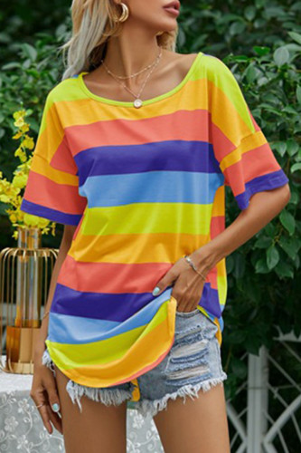 Fashion Casual Striped Split Joint O Neck T-Shirts
