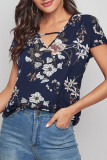 Fashion Casual Print Split Joint V Neck Tops