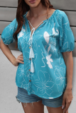Casual Floral Frenulum Buckle V Neck T-Shirts