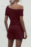 Fashion Casual Solid Draw String Oblique Collar Loose Rompers