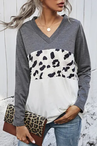 Casual Leopard Split Joint V Neck Tops
