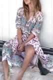Bohemian Print Buckle Slit V Neck Dresses