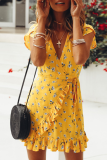 Elegant Floral Frenulum Flounce V Neck A Line Dresses