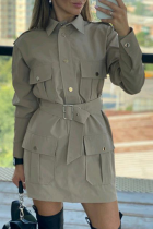 Fashion Solid Pocket With Belt Turndown Collar Dresses