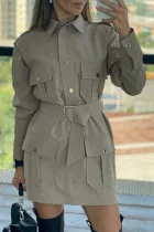 Fashion Solid Pocket With Belt Turndown Collar Dresses