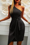 Fashion British Style Solid Split Joint One Shoulder Irregular Dresses