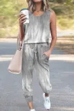 Casual Street Gradual Change Floral Draw String Pocket O Neck Sleeveless Two Pieces
