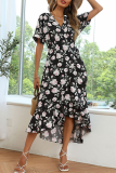 Fashion Elegant Floral Split Joint Flounce V Neck A Line Dresses