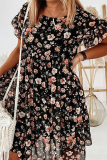 Casual Sweet Floral Split Joint Flounce O Neck A Line Dresses