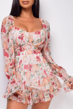 Street Floral Frenulum Backless Square Collar Rompers