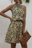Elegant Print Floral Frenulum Halter A Line Dresses