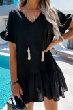 Fashion Sweet Solid Tassel Split Joint Flounce V Neck A Line Dresses