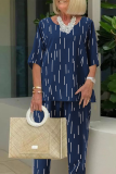 Casual Daily Striped Print Patchwork O Neck Half Sleeve Two Pieces