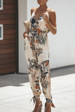 Casual Street Print Solid Draw String Backless V Neck Regular Jumpsuits