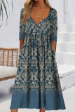Casual College Print Pocket Buttons O Neck Long Sleeve Dresses