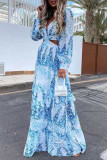 Fashion Street Print Hollowed Out V Neck A Line Dresses