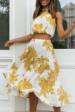 Fashion Casual Print Split Joint Flounce Oblique Collar Sleeveless Two Pieces