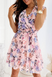 Fashion Elegant Floral Flounce With Belt V Neck A Line Dresses