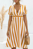 Fashion Sweet Striped Split Joint V Neck A Line Dresses