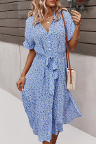 Fashion Elegant Print Split Joint Turndown Collar Waist Skirt Dresses