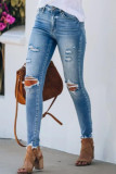 Fashion Street Solid Ripped Mid Waist Skinny Denim
