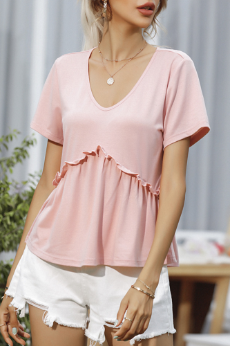 Casual Solid Split Joint Stringy Selvedge V Neck T-Shirts