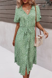 Fashion Elegant Print Split Joint Turndown Collar Waist Skirt Dresses