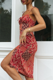 Fashion Print Frenulum Slit V Neck Dresses