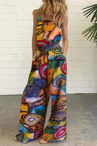 Street Graffiti Split Joint Buttons Square Collar Straight Jumpsuits
