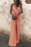 Fashion Street Solid Patchwork V Neck Loose Jumpsuits