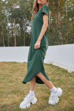 Casual Solid Patchwork Pocket O Neck Irregular Dress Dresses