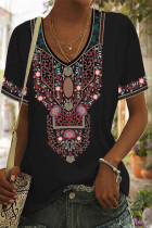 Casual College Geometric Print Patchwork V Neck T-Shirts
