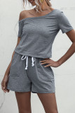 Fashion Casual Solid Draw String Oblique Collar Loose Rompers