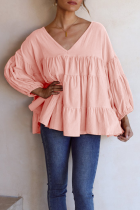Casual Solid Split Joint V Neck Tops
