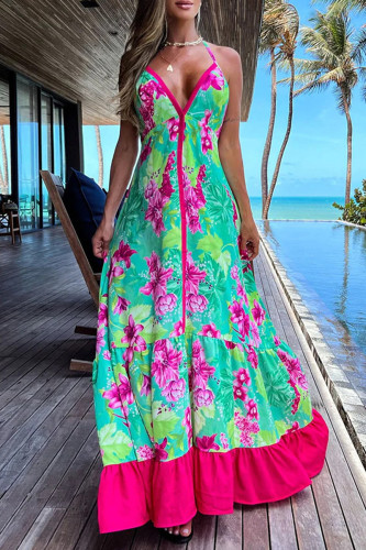Sexy Vacation Print Backless V Neck Beach Dress Dresses