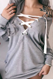 Casual Solid Draw String V Neck Tops