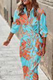 Casual Print Patchwork Turndown Collar Waist Skirt Dresses