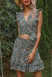 Elegant Floral Frenulum Buttons Flounce V Neck Two Pieces