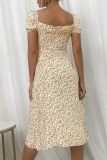 Fashion Sweet Floral Frenulum Slit Square Collar A Line Dresses