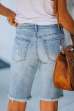 Street Solid Rivets Ripped Capris Straight Denim Shorts