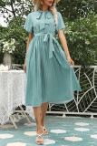 Elegant Print Frenulum With Bow Ribbon Collar Pleated Dresses