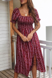 Fashion Elegant Print Split Joint Slit Square Collar A Line Dresses