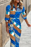 Casual Print Patchwork Turndown Collar Waist Skirt Dresses