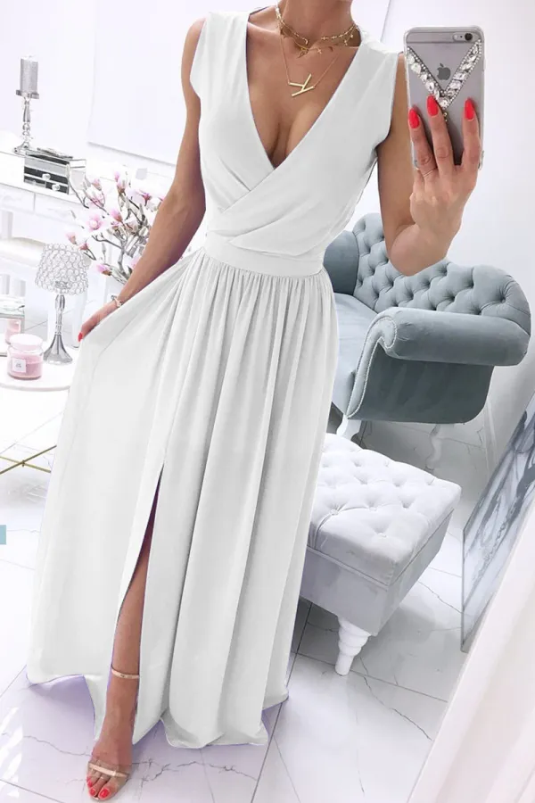 Fashion Street Solid Split Joint V Neck A Line Dresses