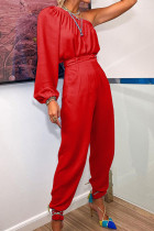 Fashion Street Solid Patchwork One Shoulder Jumpsuits