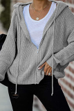 Casual Solid Draw String Zipper Hooded Collar Tops