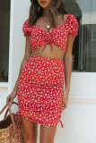 Fashion Street Print Split Joint V Neck Short Sleeve Two Pieces