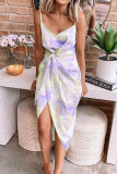 Sexy Patchwork Tie-dye Spaghetti Strap Irregular Dress Dresses