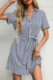 Elegant Striped Buckle With Belt Turndown Collar A Line Dresses