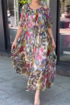Sweet Elegant Floral Fold O Neck Printed Dress Dresses